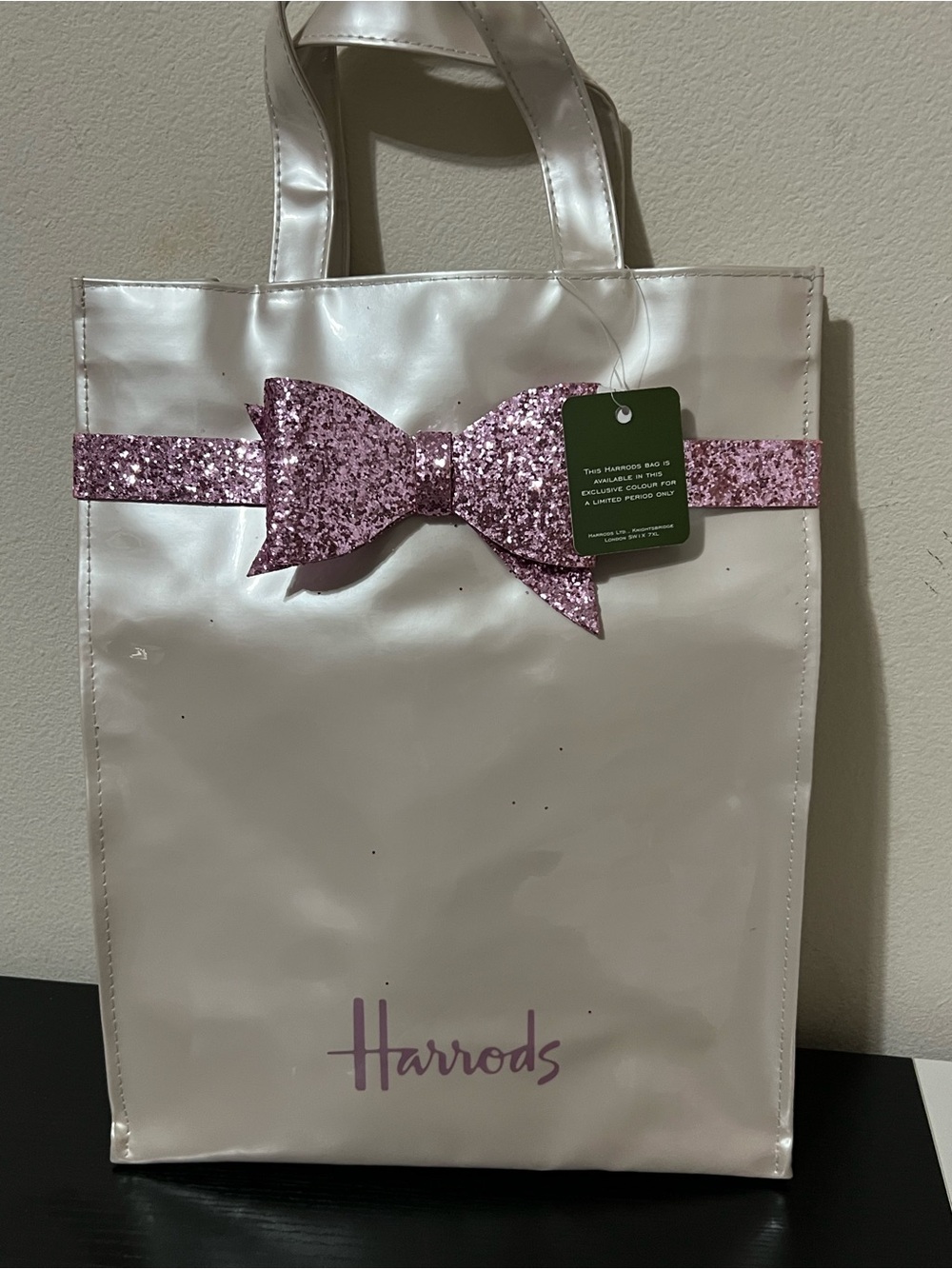 Harrods Limited Edition Pearl White Shopper Tote Bag Pink Glitter Bow NWT